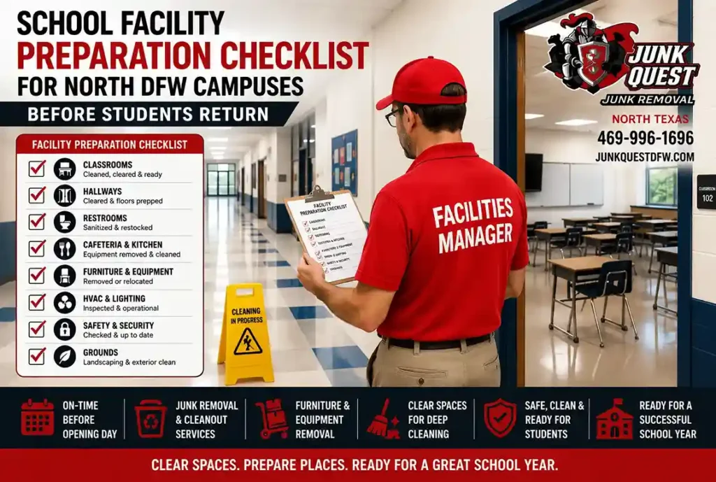North Dallas school facilities manager completing a school facility preparation checklist before students return