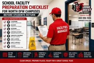 North Dallas school facilities manager completing a school facility preparation checklist before students return
