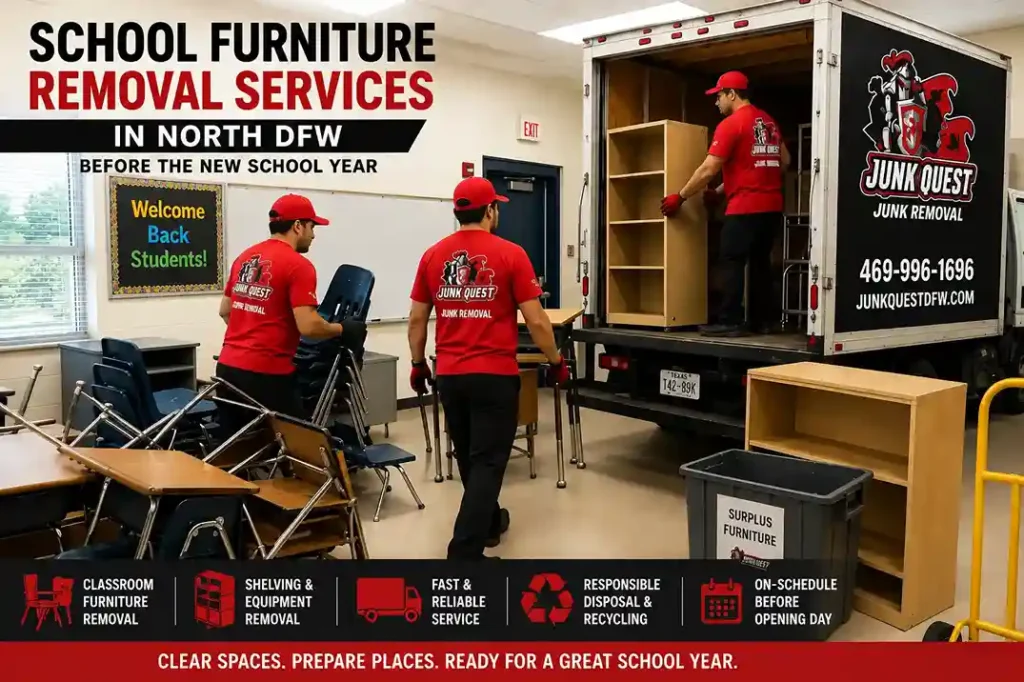 Junk Quest crew loading surplus school classroom furniture for removal in North Dallas before the new school year