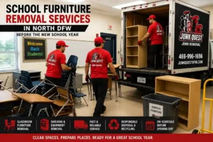 Junk Quest crew loading surplus school classroom furniture for removal in North Dallas before the new school year