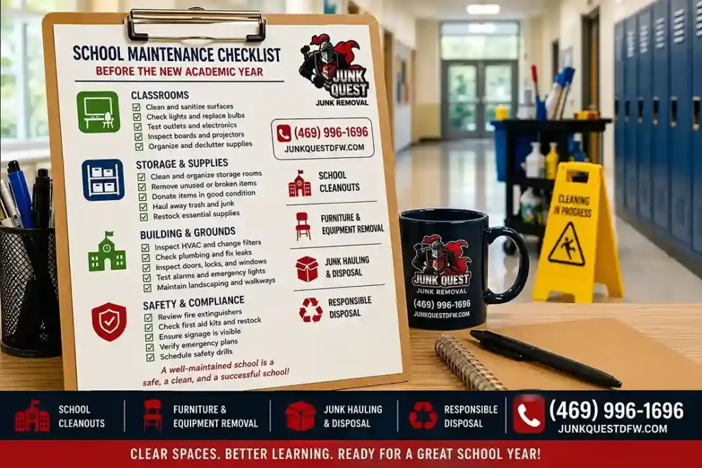 Checklist of school facility maintenance tasks including storage cleanout before the new academic year