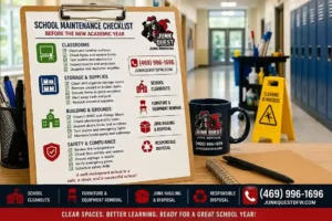 Checklist of school facility maintenance tasks including storage cleanout before the new academic year