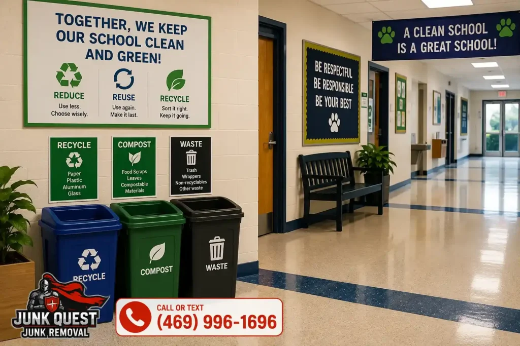 School recycling and waste bins sorted by category in a hallway