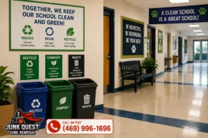 School recycling and waste bins sorted by category in a hallway