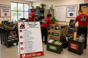 School staff sorting classroom and storage items during a summer cleanup before fall semester
