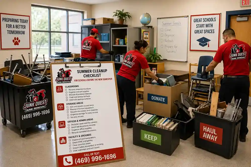 School staff sorting classroom and storage items during a summer cleanup before fall semester