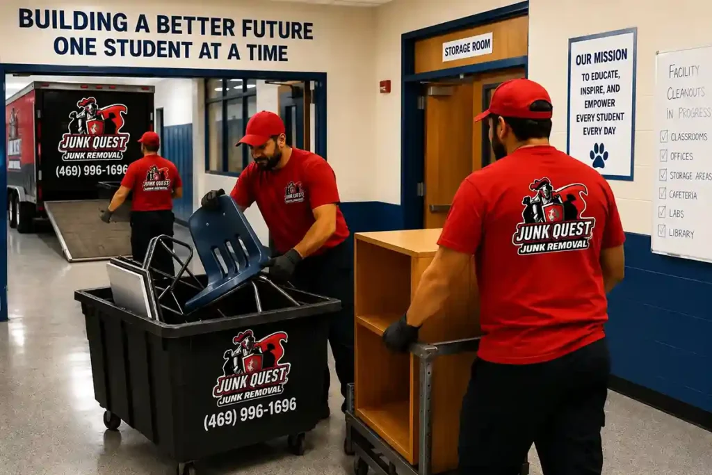 Professional cleanout crew clearing furniture and equipment from a school building