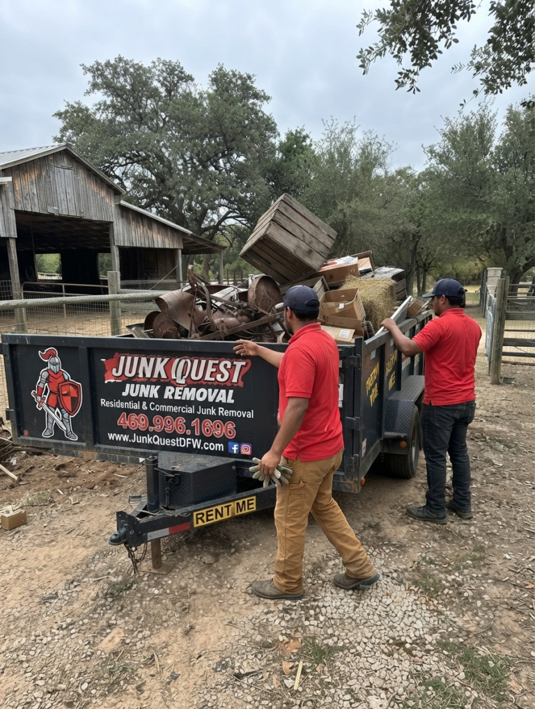 Junk Quest crew loading old farm equipment and debris into their trailer during a barn cleanout in North Dallas