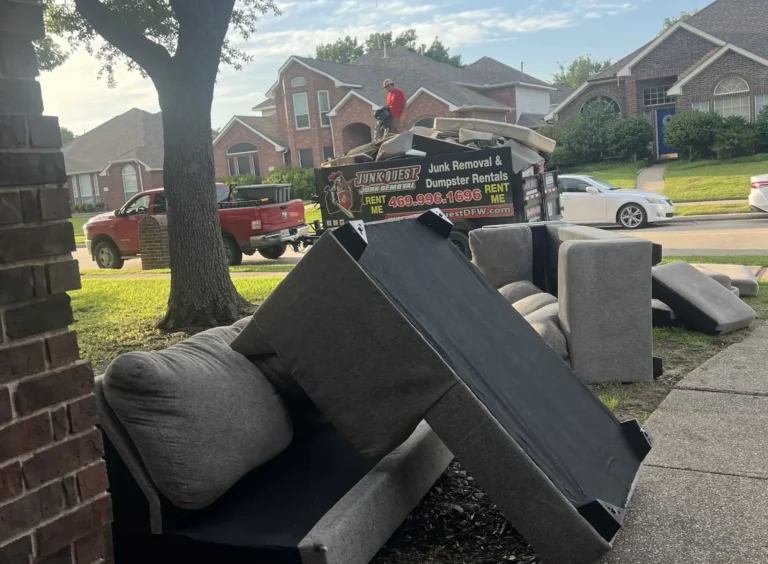 Sofa and cushions left curbside for pickup by Junk Quest in Allen, TX