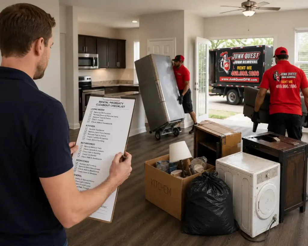 Landlord reviewing a rental property cleanout checklist while Junk Quest crew removes appliances