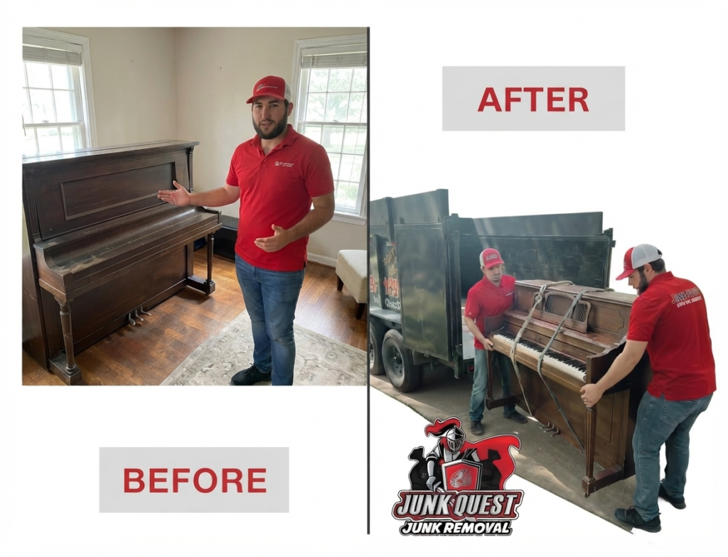 Before and after upright piano removal by Junk Quest in Frisco, TX, crew member reviewing the piano, then loading it onto the branded trailer