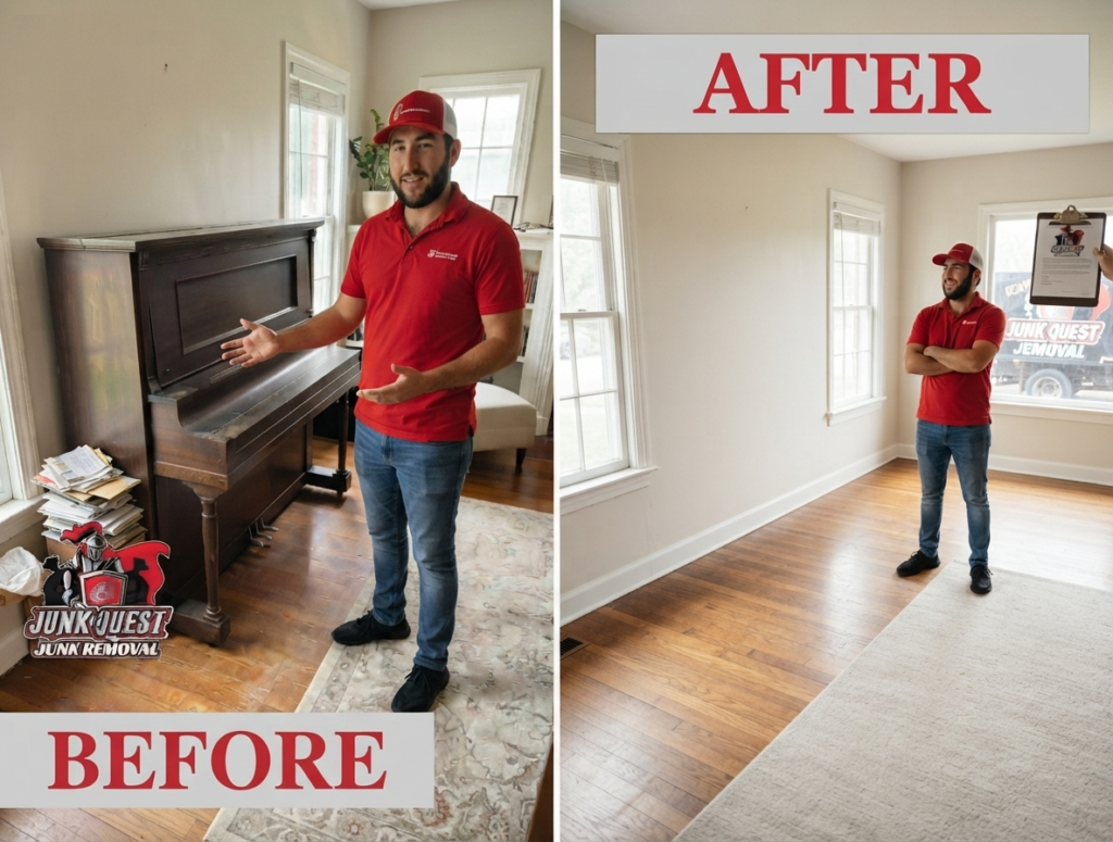 Before and after upright piano removal by Junk Quest in Frisco, TX, cluttered room with piano, then cleared and empty after pickup
