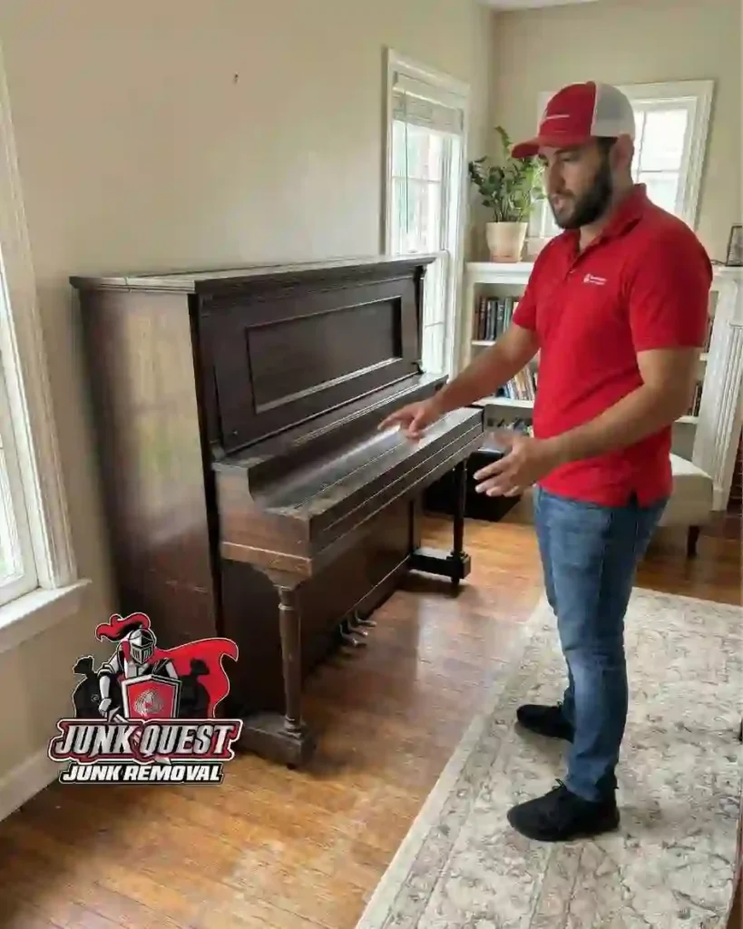 Cluttered room with an upright piano before removal by Junk Quest in Frisco, TX