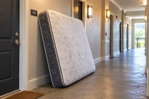 Mattress waiting in an apartment hallway on move-out day in North Dallas