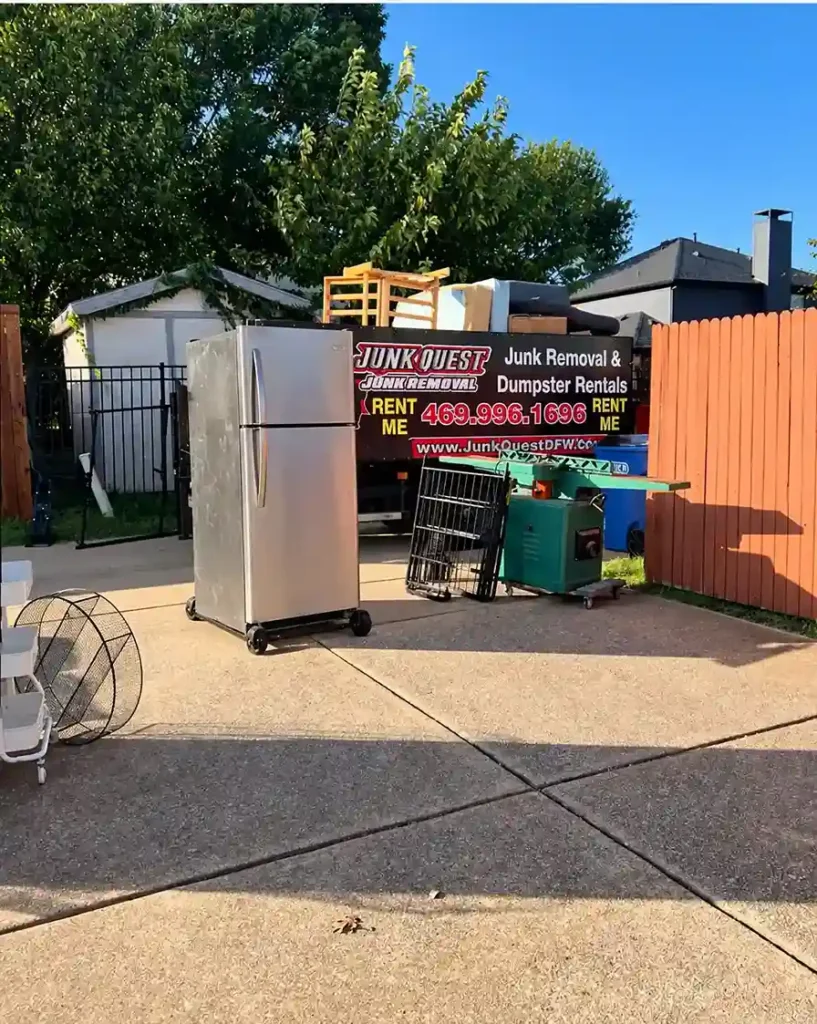 Junk Quest appliance removal for landlords with refrigerator and household items at a North Dallas rental property
