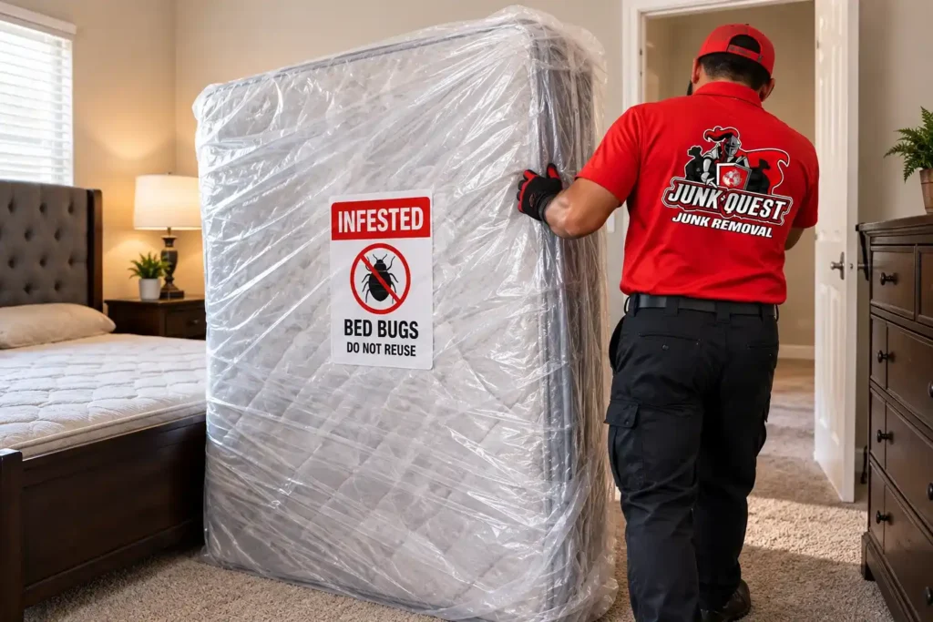 Mattress wrapped in plastic and labeled as infested before disposal