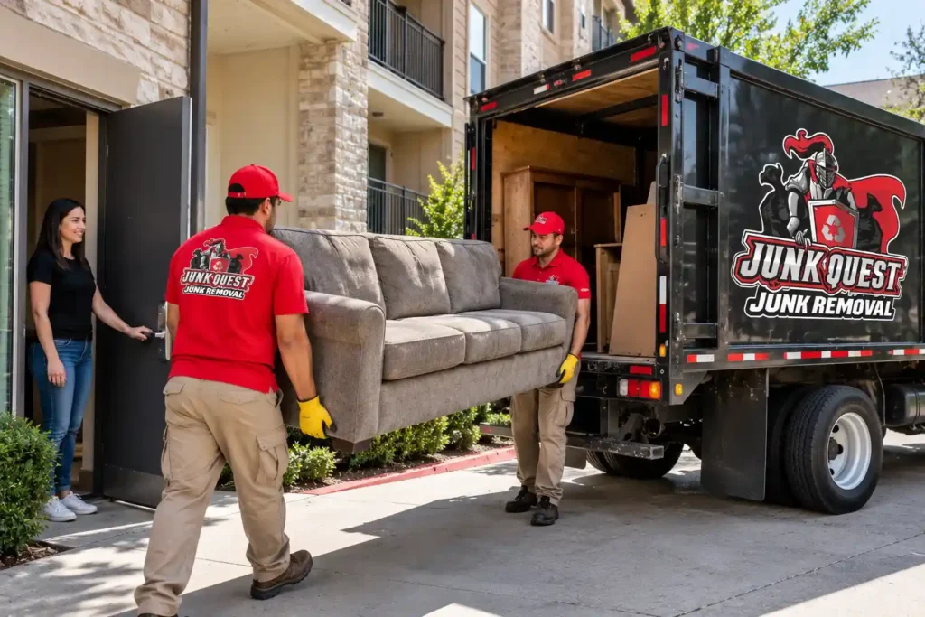 Apartment and HOA junk removal in Frisco, TX with Junk Quest loading an old sofa into a truck