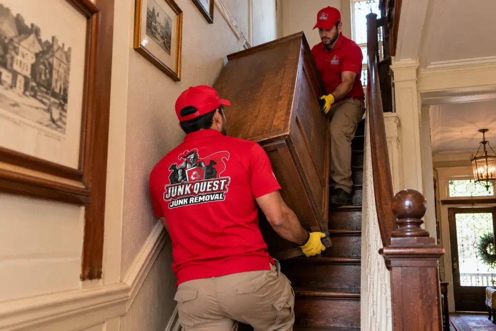 Junk removal crew maneuvering oversized furniture down a narrow stairwell in an older McKinney home