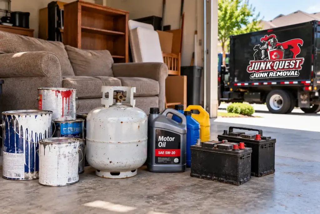 Items junk haulers won't take in Frisco, TX, including paint cans, a propane tank, and motor oil