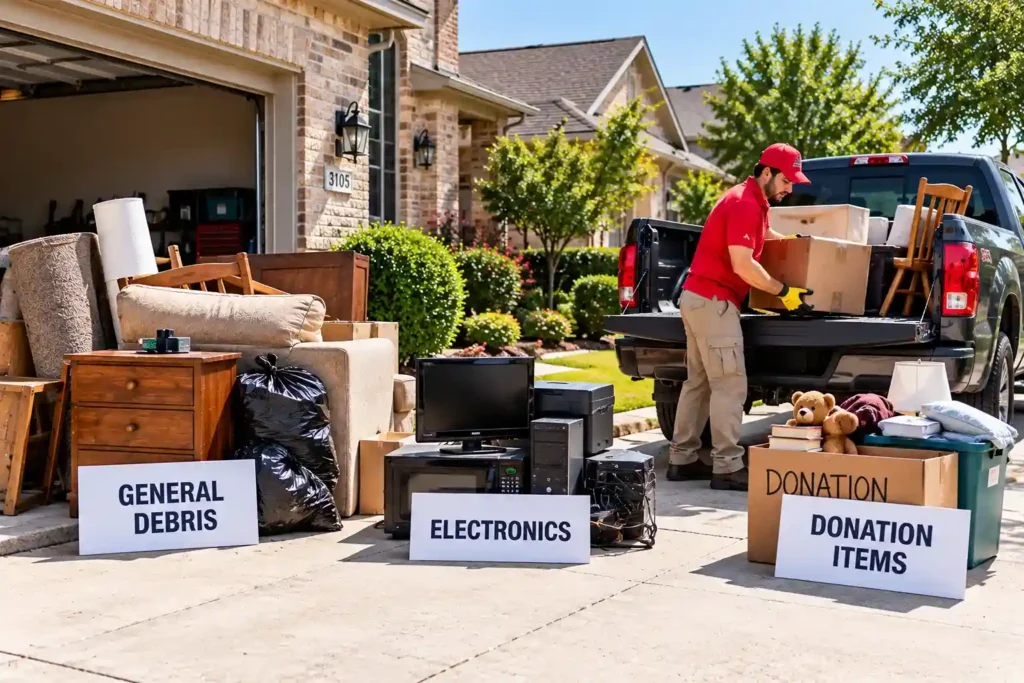 A McKinney, TX homeowner sorting old furniture, boxes, and household debris into separate piles next to a pickup truck before a self-haul disposal run.