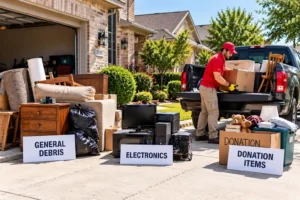 A McKinney, TX homeowner sorting old furniture, boxes, and household debris into separate piles next to a pickup truck before a self-haul disposal run.