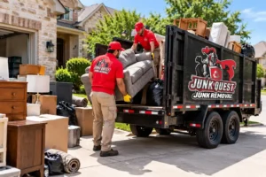 A Junk Quest crew loading a haul trailer with old furniture and household debris at a McKinney, TX residential property.