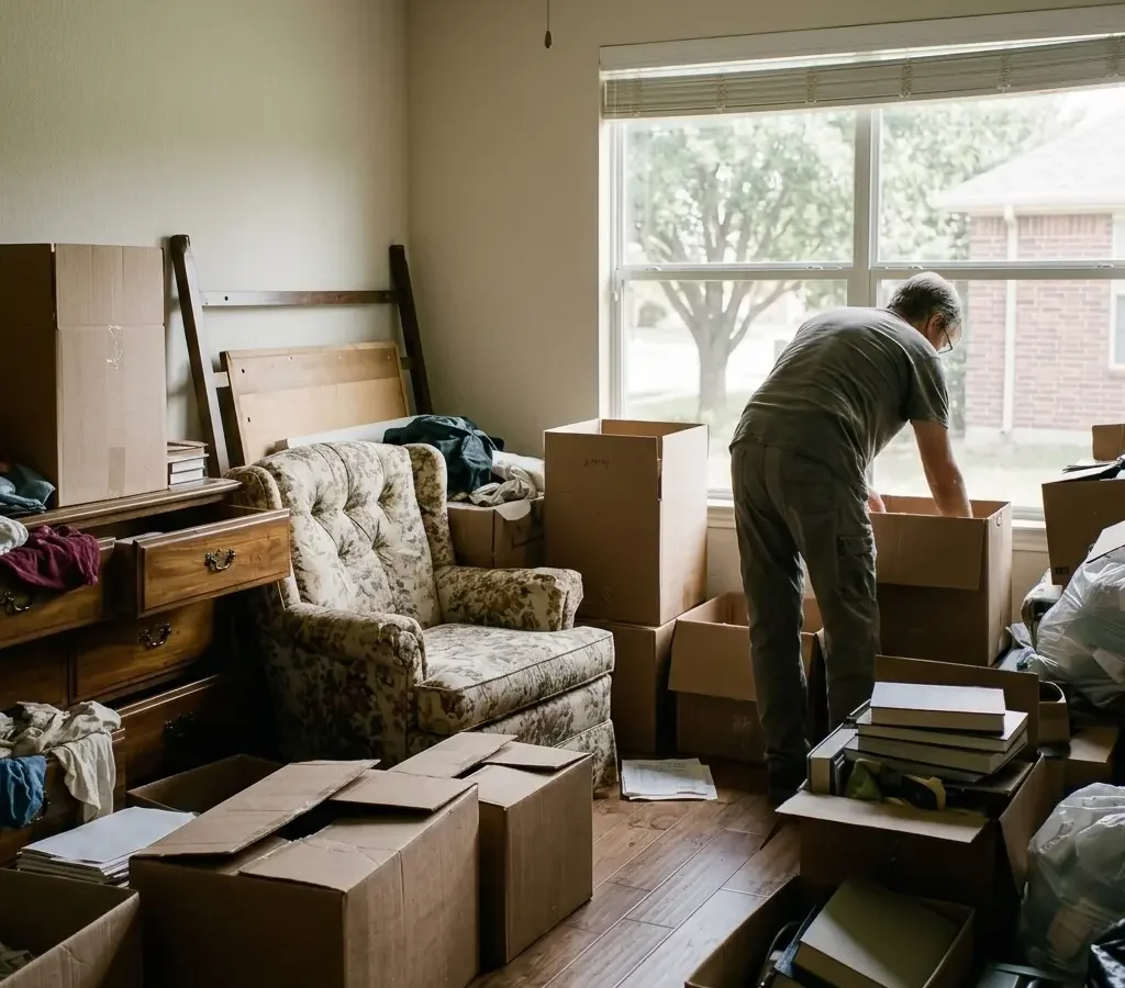 junk-quest-house-cleanout-allen-sorting-1 Junk Quest team member sorting through boxes and belongings during a house cleanout in Allen, TX.